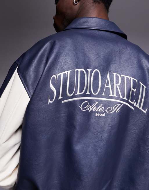 ASOS DESIGN faux leather oversized motocross jacket in navy with contrast sleeves, 4 of 4