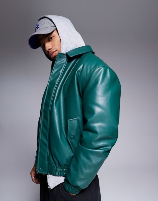 ASOS DESIGN faux leather oversized padded harrington jacket in green