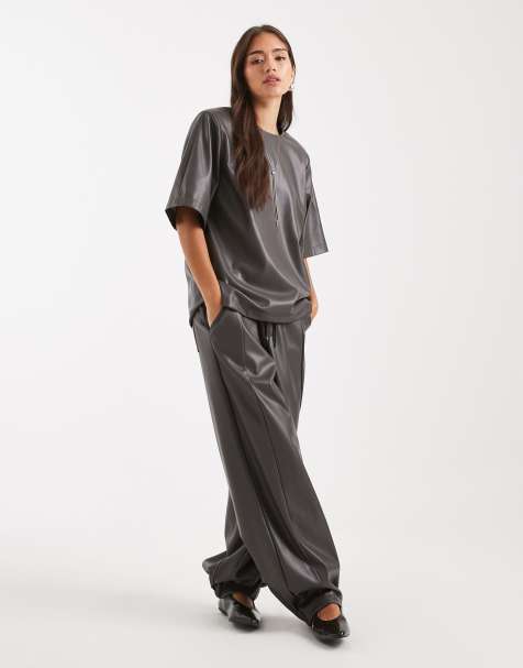 ASOS DESIGN faux leather oversized top & barrel leg pull-on pants set in gray - view 1