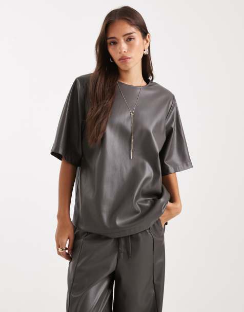 ASOS DESIGN faux leather oversized top co-ord in grey - view 1