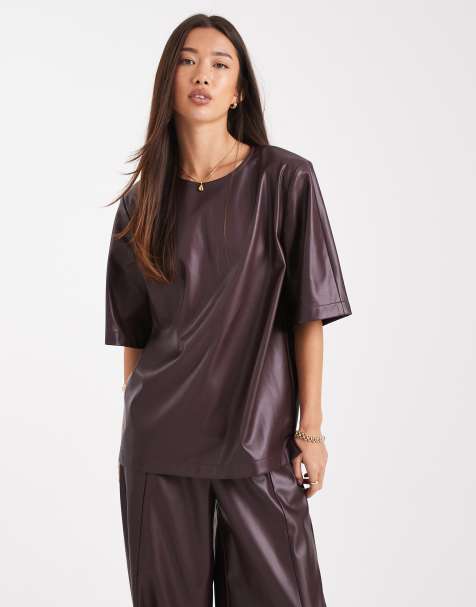 ASOS DESIGN faux leather oversized top co-ord in plum - view 1