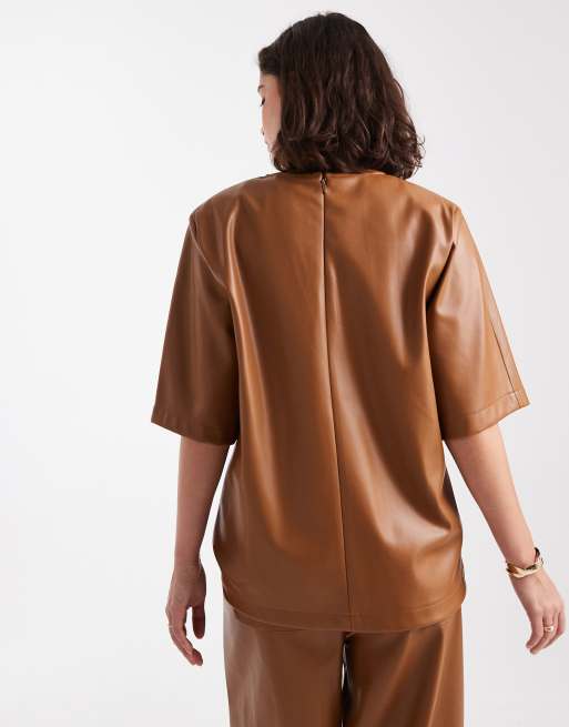 ASOS DESIGN faux leather oversized top in caramel - part of a set
