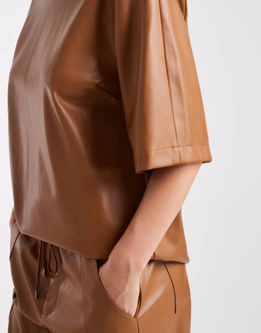 ASOS DESIGN faux leather oversized top in caramel - part of a set