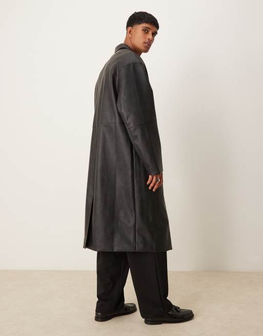 ASOS DESIGN faux leather oversized trench coat in black, 2 of 4