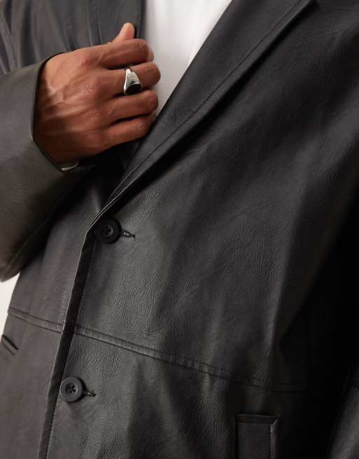 ASOS DESIGN faux leather oversized trench coat in black, 4 of 4