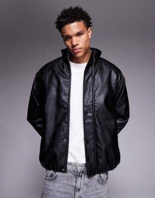 Asos Design Faux Leather Padded Bomber Jacket In Black