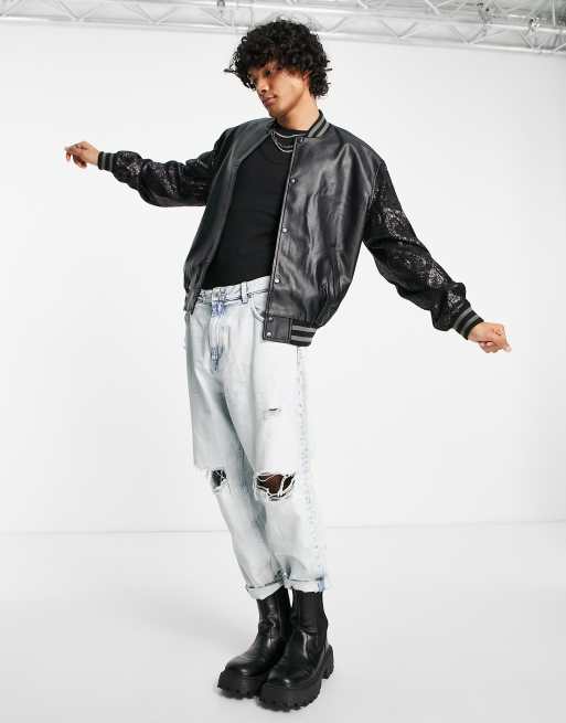 ASOS DESIGN faux leather party bomber jacket with sequin sleeve details in black, 3 of 4
