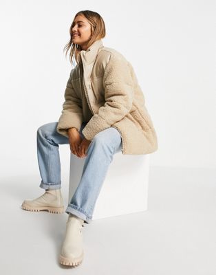 ASOS DESIGN faux leather patched fleece puffer jacket in stone