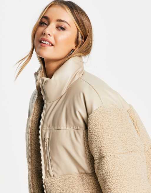 ASOS DESIGN faux leather patched fleece puffer jacket in stone, 2 of 4