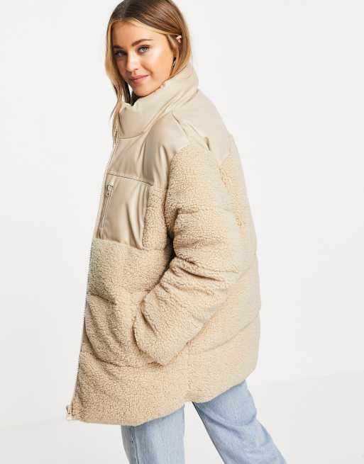 ASOS DESIGN puffer jacket with high neck in stone