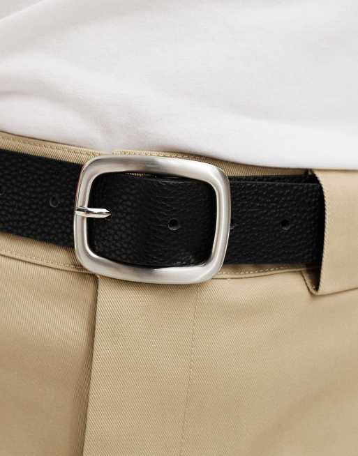 ASOS DESIGN faux leather pebbled belt with rounded silver square buckle in black, 3 of 4