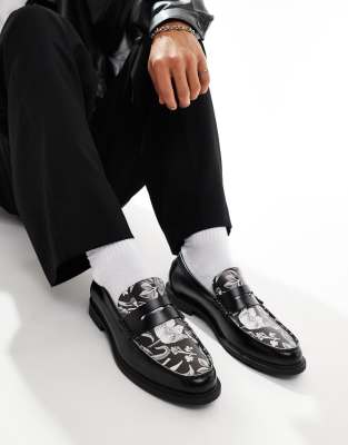 faux leather penny loafers in black with floral print