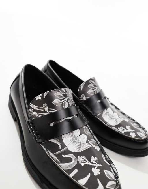 ASOS DESIGN faux leather penny loafers in black with floral print