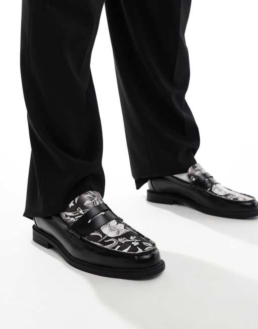 ASOS DESIGN faux leather penny loafers in black with floral print