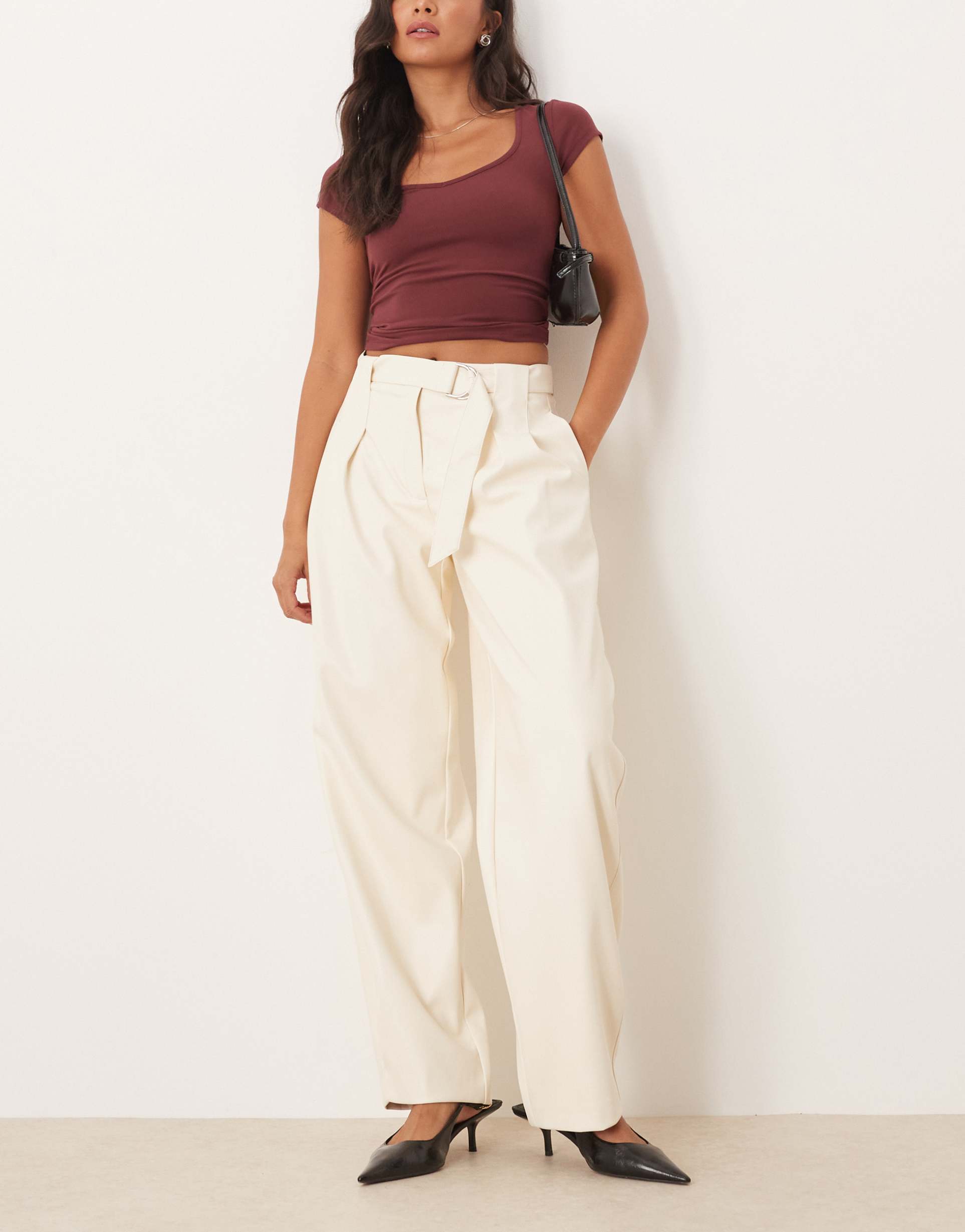 asos design faux leather pleated barrel leg pants with belt in bone