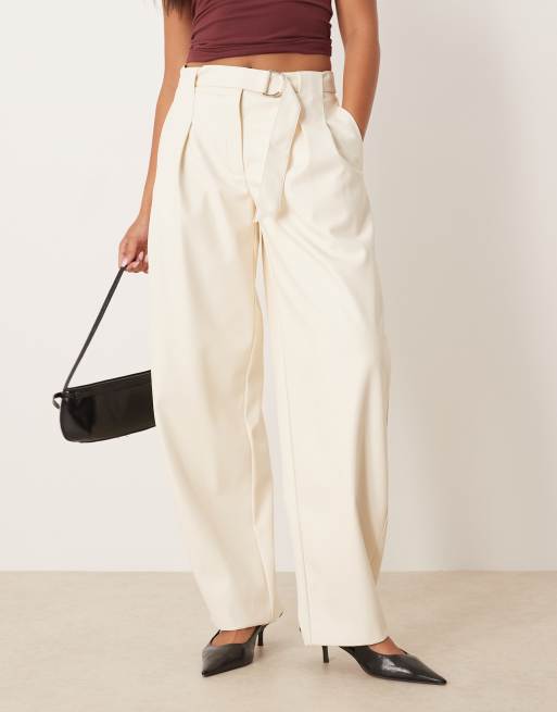 ASOS DESIGN faux leather pleated barrel leg pants with belt in bone, 2 of 5
