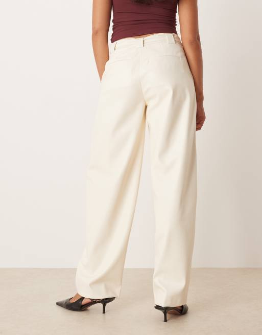 ASOS DESIGN faux leather pleated barrel leg pants with belt in bone, 4 of 5