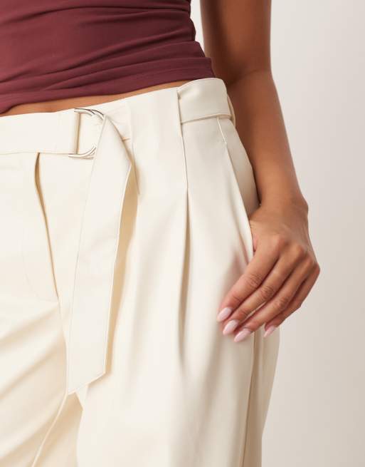 ASOS DESIGN faux leather pleated barrel leg pants with belt in bone, 5 of 5