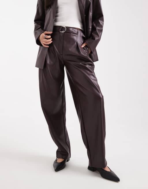 ASOS DESIGN faux leather pleated barrel leg trousers with belt in plum, 2 of 5