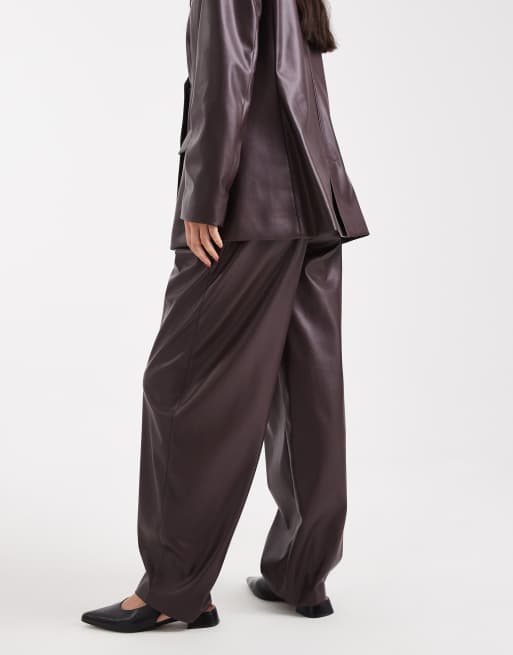 ASOS DESIGN faux leather pleated barrel leg trousers with belt in plum, 3 of 5