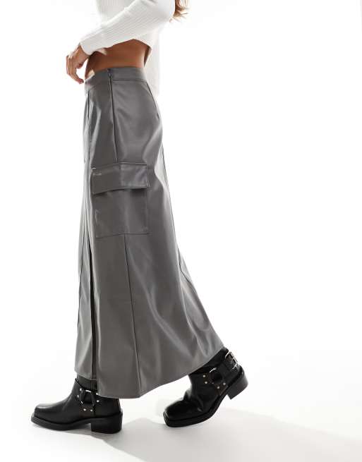 ASOS DESIGN faux leather pocket detail pleated midi skirt in gray ASOS