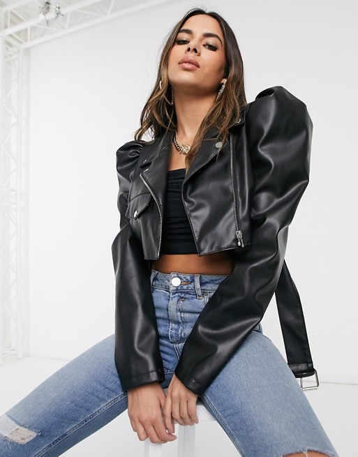 ASOS DESIGN faux leather puff sleeve cropped biker jacket in black