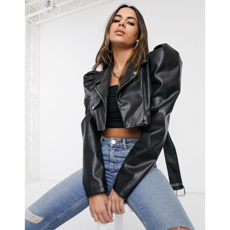 Plus Size Puff Sleeved Faux Leather Jacket