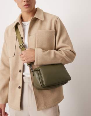 faux leather puffer cross body bag in khaki-Green