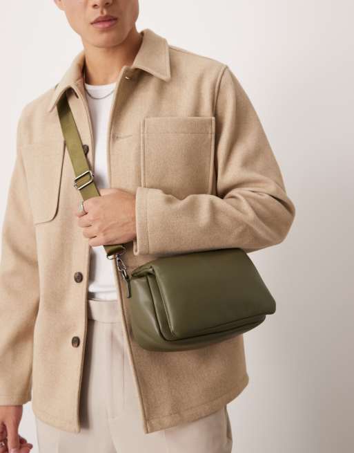 ASOS DESIGN faux leather puffer cross body bag in khaki ASOS