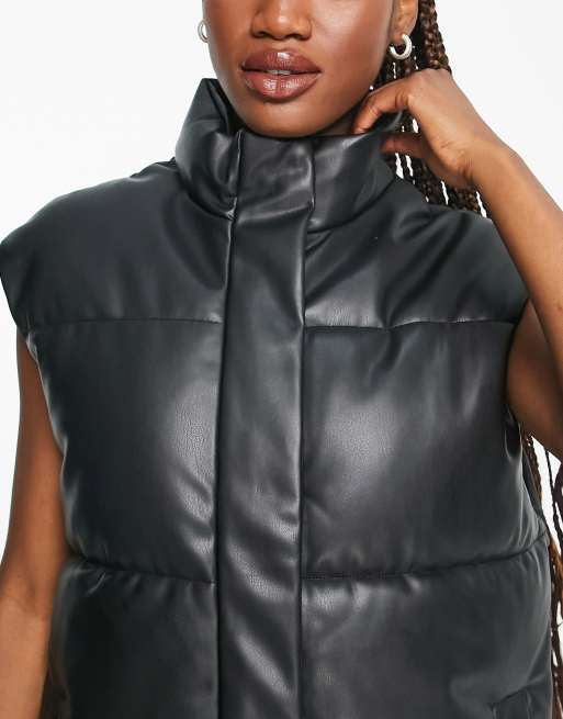 Petite Black Faux Leather Puffer Gilet