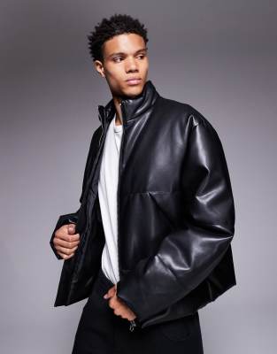 Asos Design Faux Leather Puffer Jacket In Black