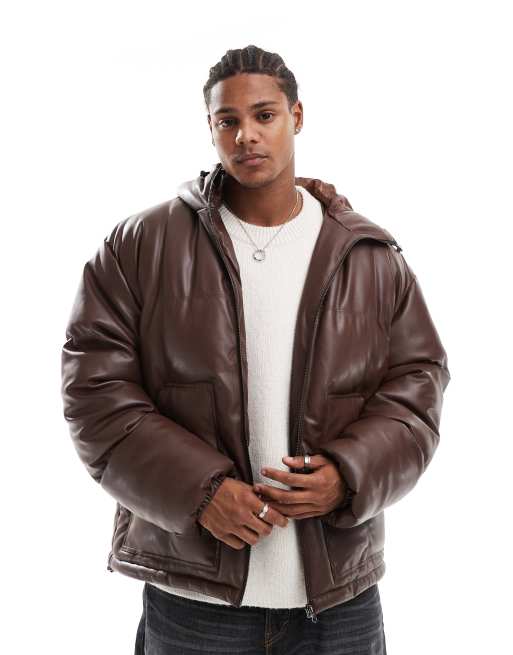 ASOS DESIGN faux leather puffer jacket with hood in brown ASOS