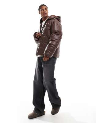 Asos Design Faux Leather Puffer Jacket With Hood In Brown