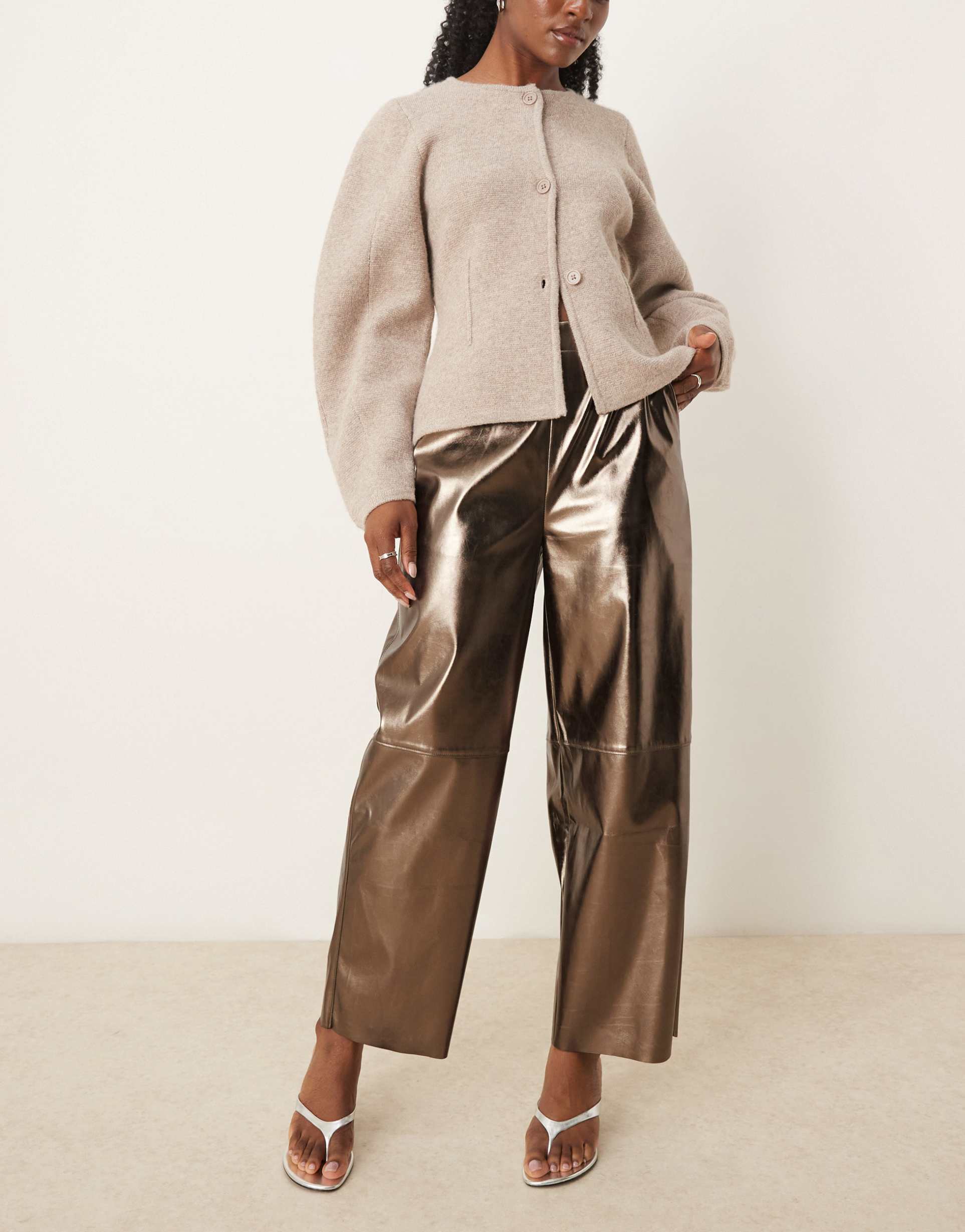 asos design faux leather pull-on barrel pants in brass