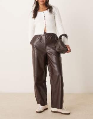 Asos Design Faux Leather Straight Leg Pants In Brown In Red