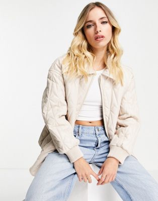 ASOS DESIGN faux leather quilted bomber jacket in cream