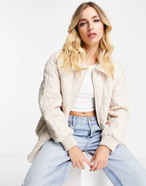 ASOS DESIGN faux leather quilted bomber jacket in cream - view 1