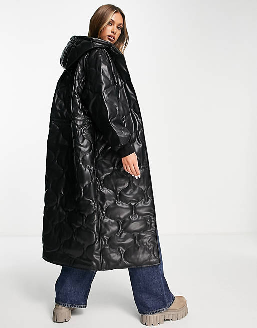  faux leather quilted hooded puffer coat in black 