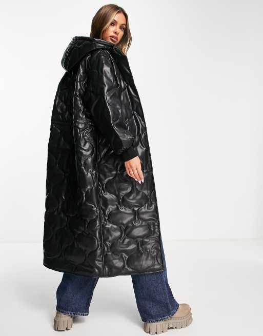 ASOS DESIGN faux leather quilted hooded puffer coat in black