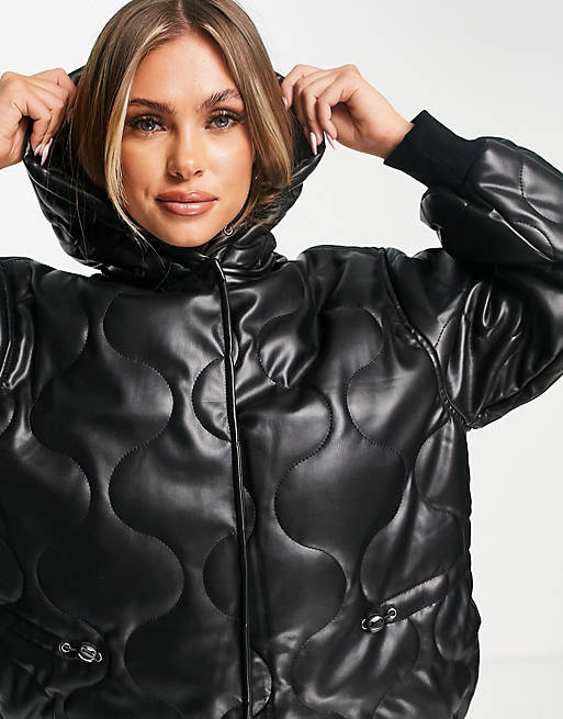  faux leather quilted hooded puffer coat in black 