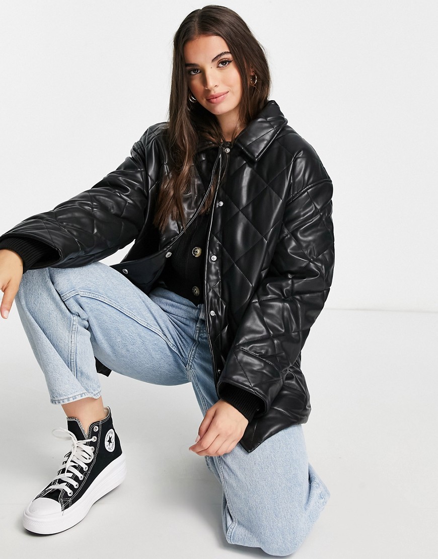 ASOS DESIGN faux leather quilted padded jacket in black