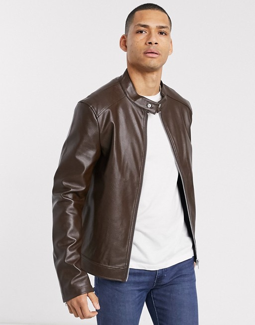 ASOS DESIGN faux leather racer jacket in brown