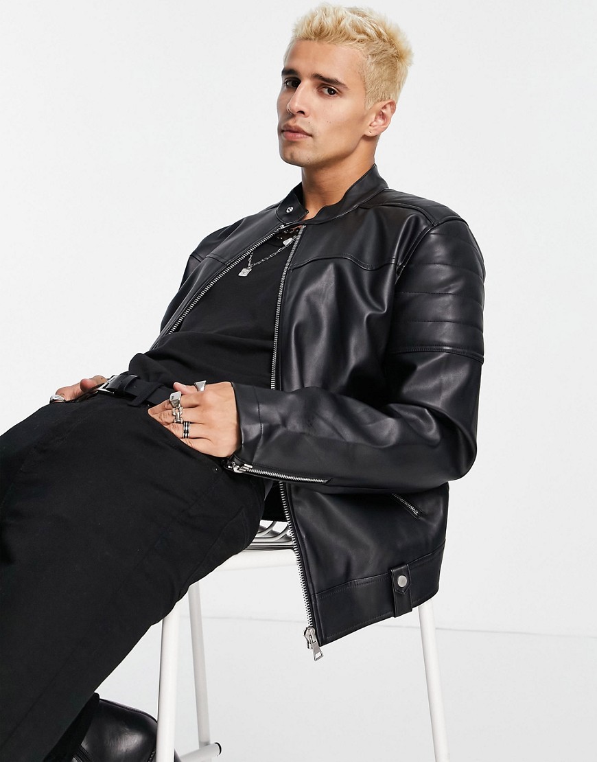 ASOS DESIGN faux leather racer jacket with quilted sleeve detail in black