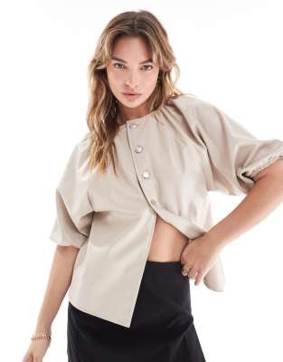 faux leather raglan top in stone-Neutral