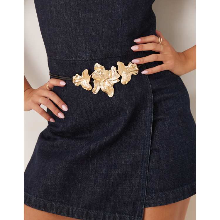 Gold Floral Buckle Black Leather Tie Belt Buy Black Western Belt Womens | 1 inch Gold Buckle  main image 3