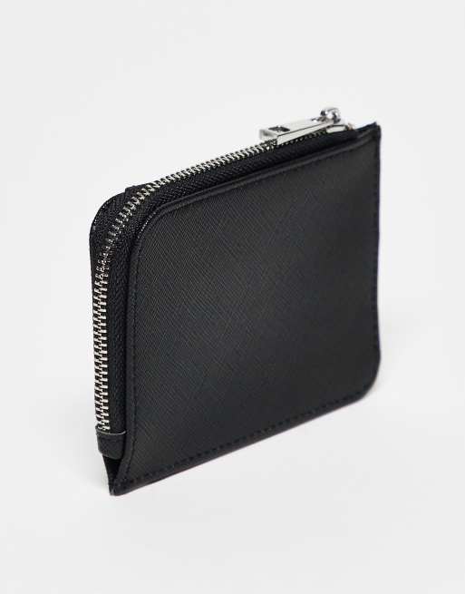 ASOS DESIGN faux leather saffiano card holder with zip in black, 2 of 3
