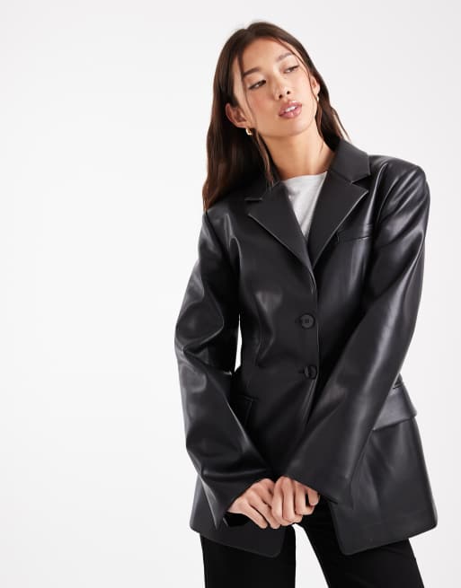 ASOS DESIGN faux leather sculpted cinch waist blazer in black, 3 of 4