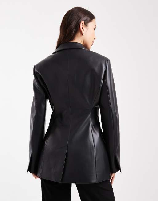 ASOS DESIGN faux leather sculpted cinch waist blazer in black