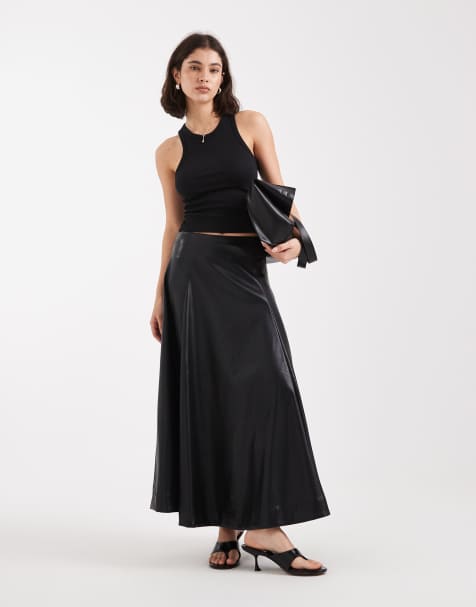 ASOS DESIGN faux leather seam and volume detail midi skirt in black - view 1