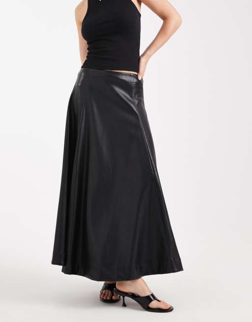 ASOS DESIGN faux leather seam and volume detail midi skirt in black, 3 of 5